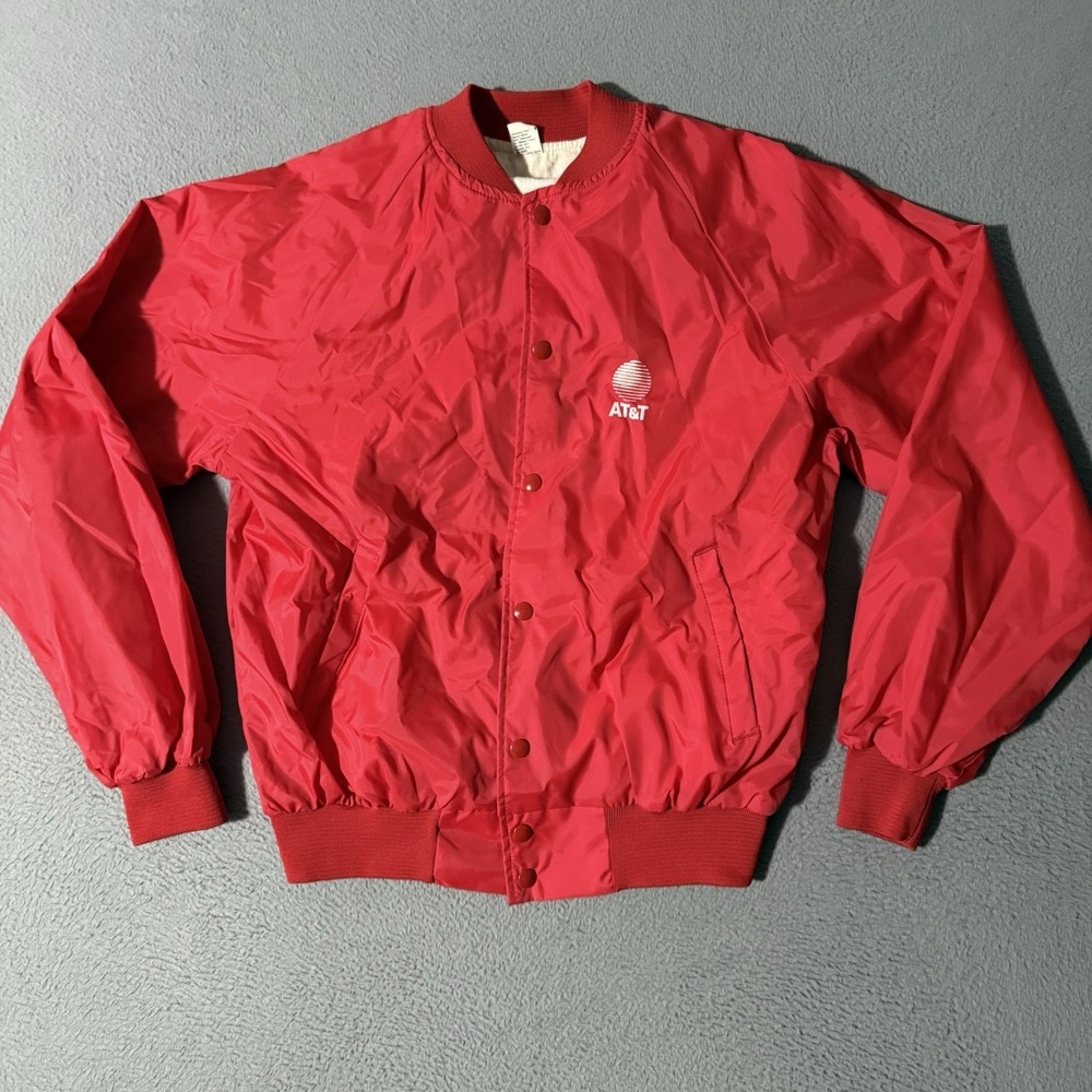 AT&T ATT Windbreaker Jacket Men Medium Vintage Work Red Satin Employee‎ USA 90's